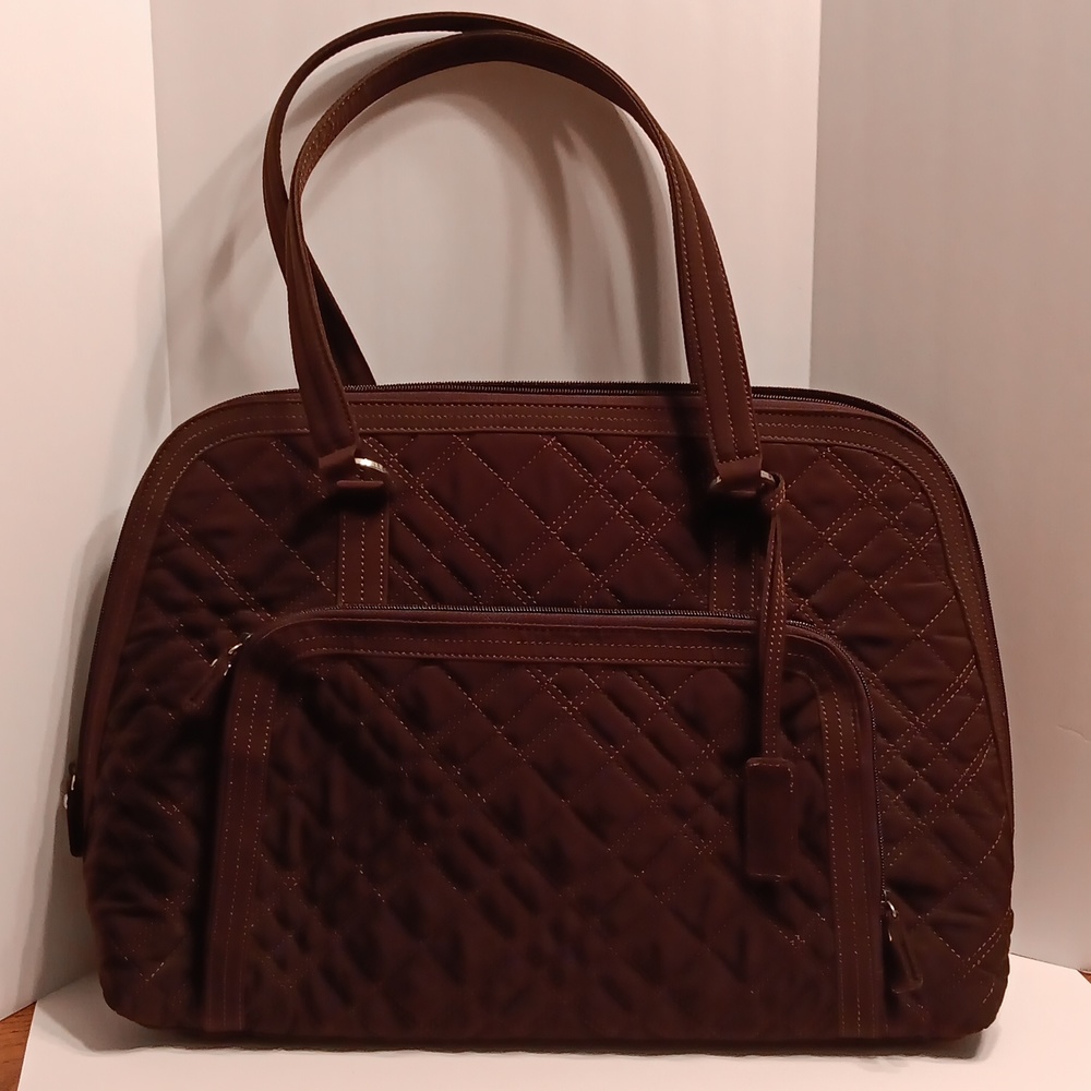 Vera Bradley Brown Cotton Canvas Quilted Laptop Bag Double Handles Zip Around